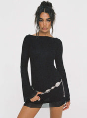 Black mesh mini dress with long bell sleeves and an open back tie detail - View 8 | TEVQA