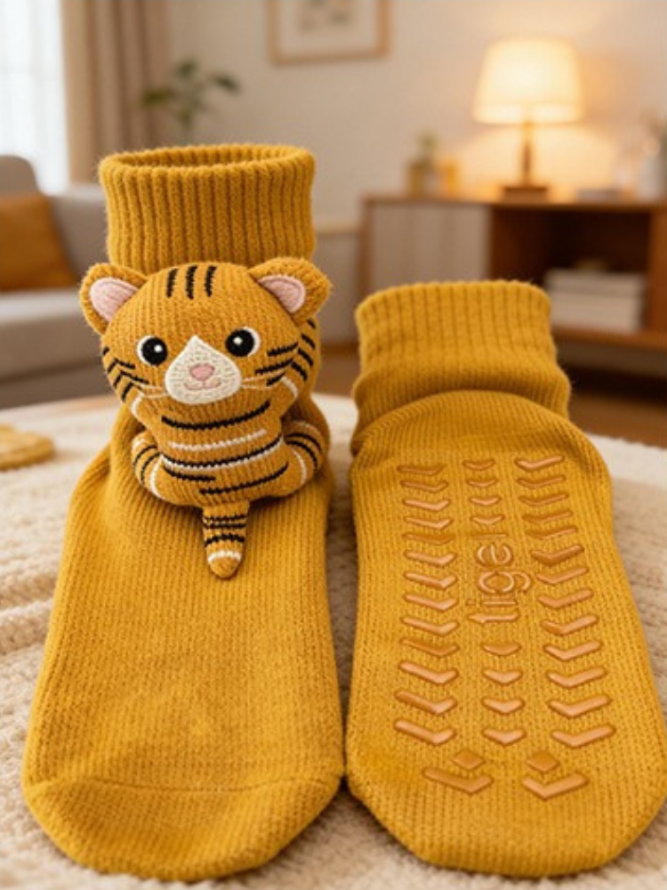Yellow 3D Tiger Knit Slipper Socks Non-Slip Secondary image