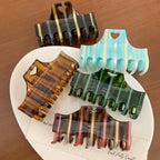 Collection of five striped hair claw clips in various colors: brown, blue, green, and pink