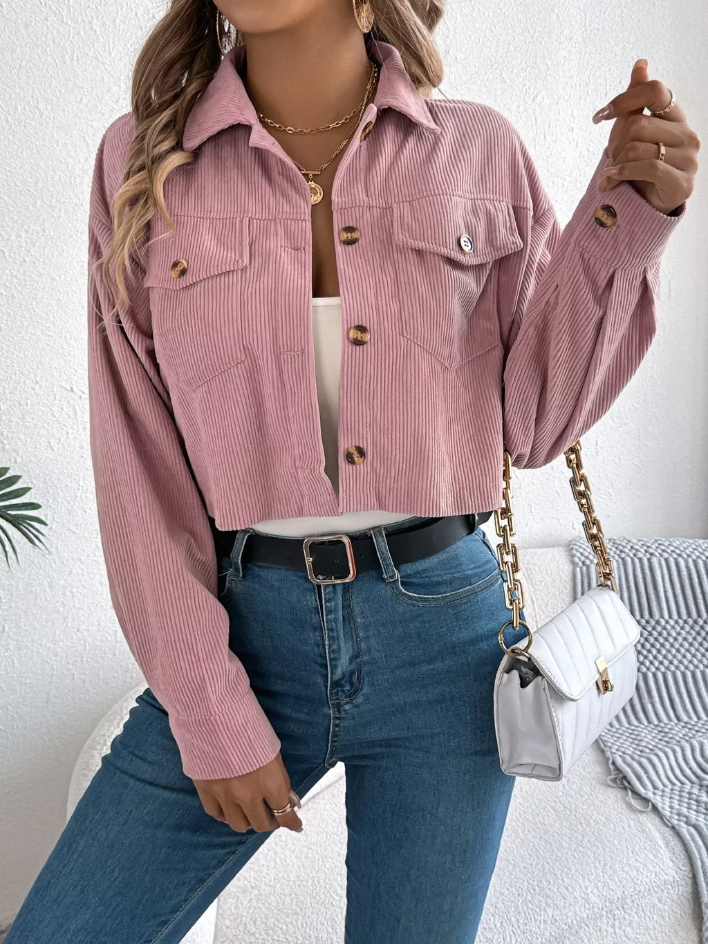 Midnight Noir Corduroy Cropped Jacket - View 11 | TEVQA