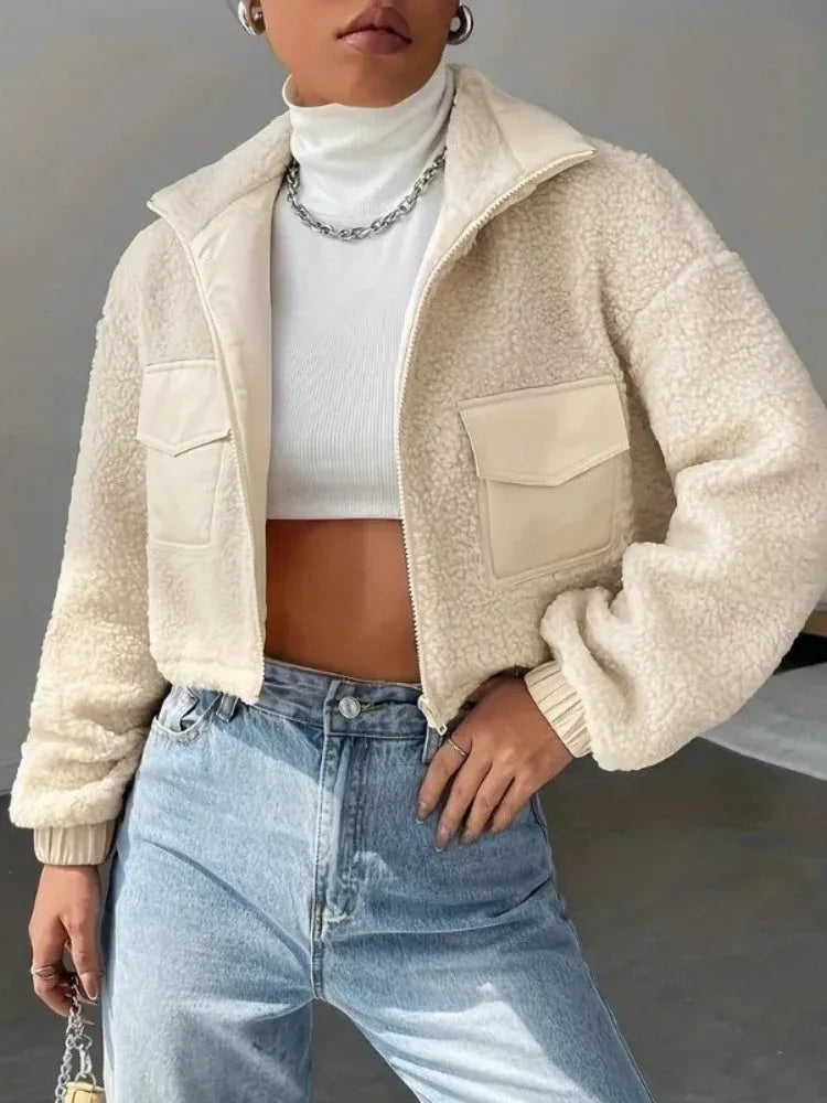 The Aspen Cropped Faux Sherpa Jacket - TEVQA Main image