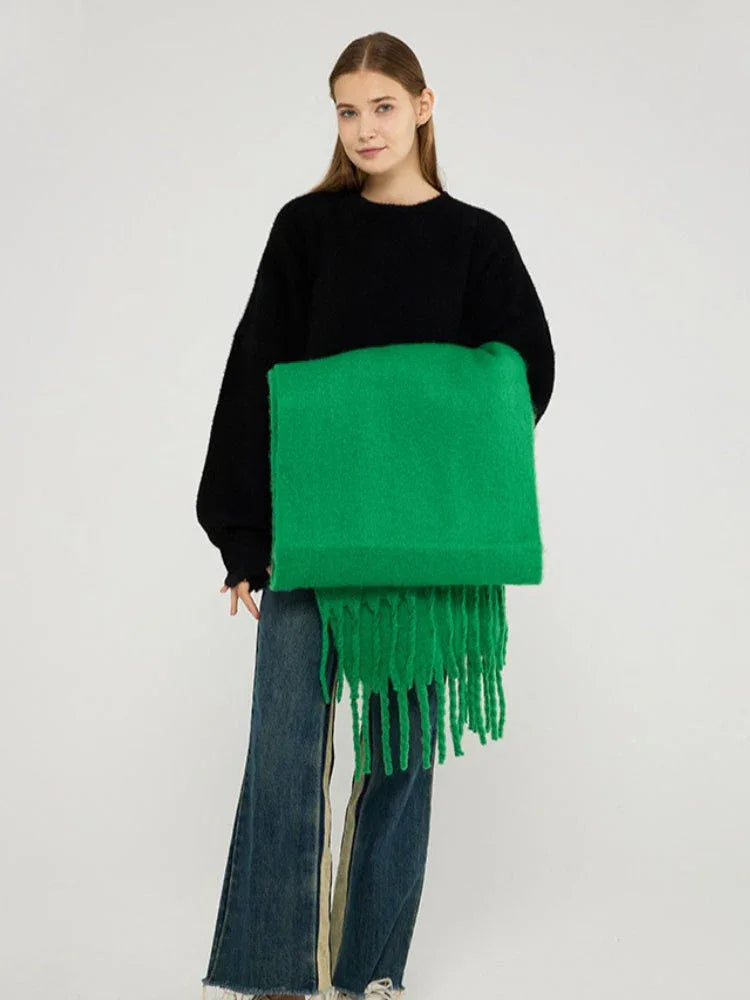 Chunky Tassel Oversized Faux Mohair Scarf - TEVQA