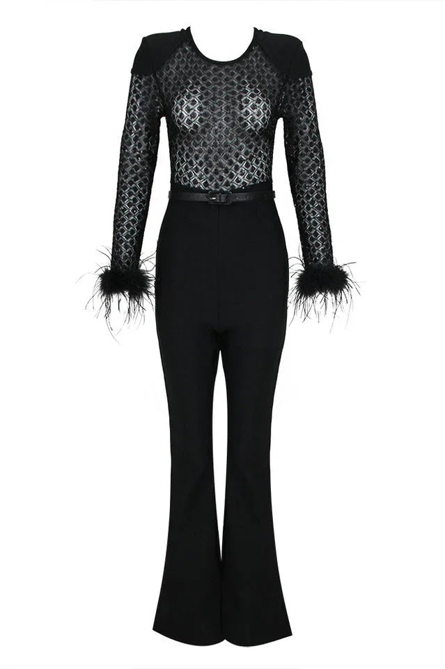 A black sequined mesh long-sleeved top with feathered cuffs and black velvet flared pants laid flat.