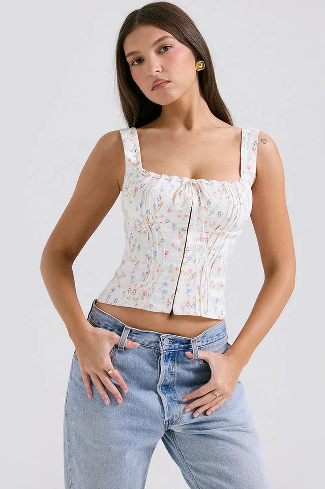 Chicca White Posy Print Top | Floral Hook-Front Tank & Tie Detail Secondary image