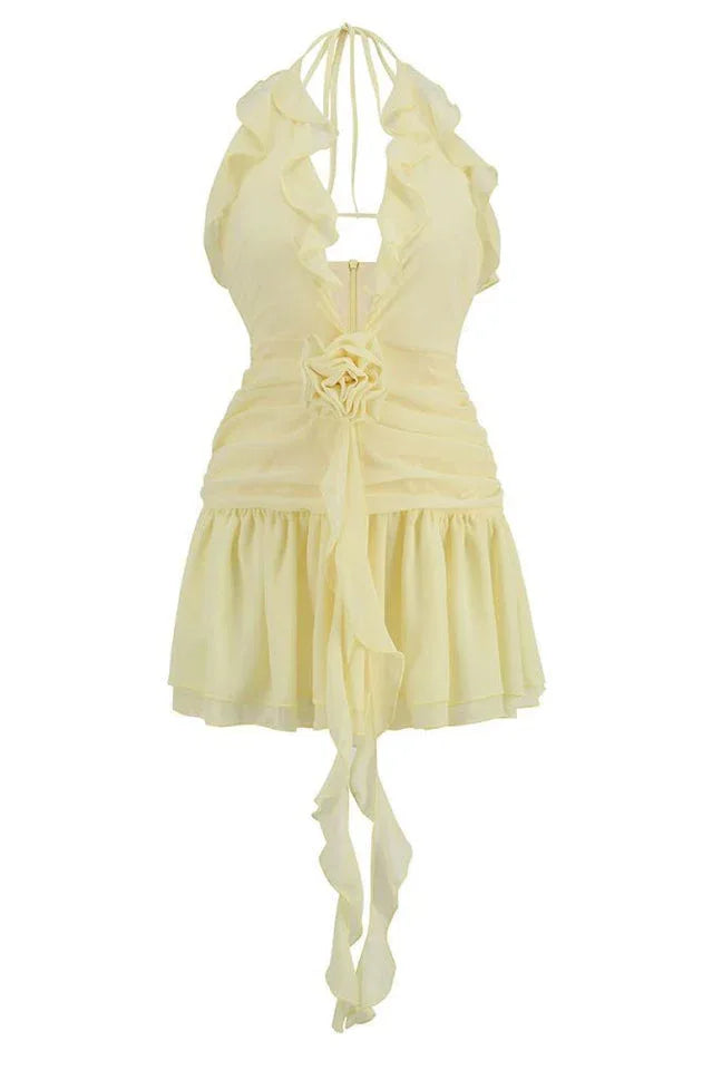 Buttercup Halterneck Mini Dress with Ruffle Trim - View 10 | TEVQA