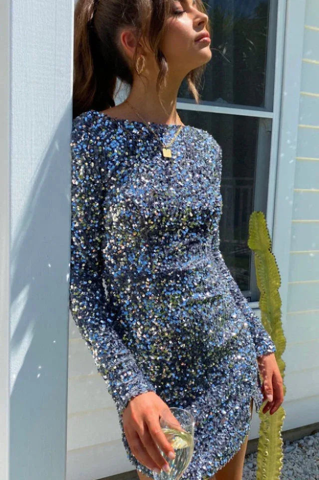 Sequin mini dress with tie back detail - View 11 | TEVQA