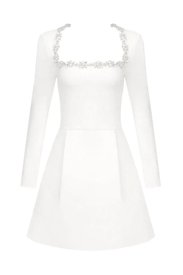 White crepe mini dress with embellished square neckline and long sleeves - View 13 | TEVQA