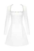 White crepe mini dress with embellished square neckline and long sleeves - View 13 | TEVQA