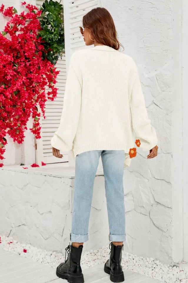 Camel 3D Floral Lantern Sleeve Cardigan - View 18 | TEVQA