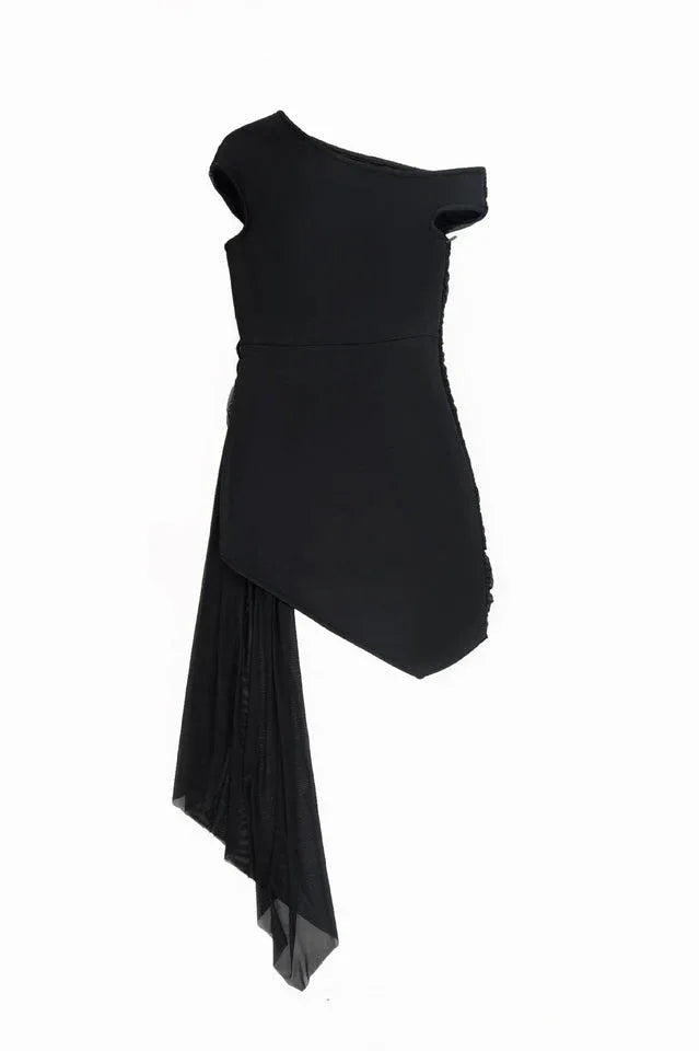 Back view of black one-shoulder asymmetrical hem dress with sheer draped skirt detail