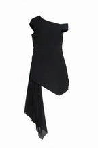 Back view of black one-shoulder asymmetrical hem dress with sheer draped skirt detail