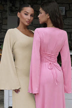 Long sleeve maxi dress with bell sleeves and lace-up back - View 16 | TEVQA
