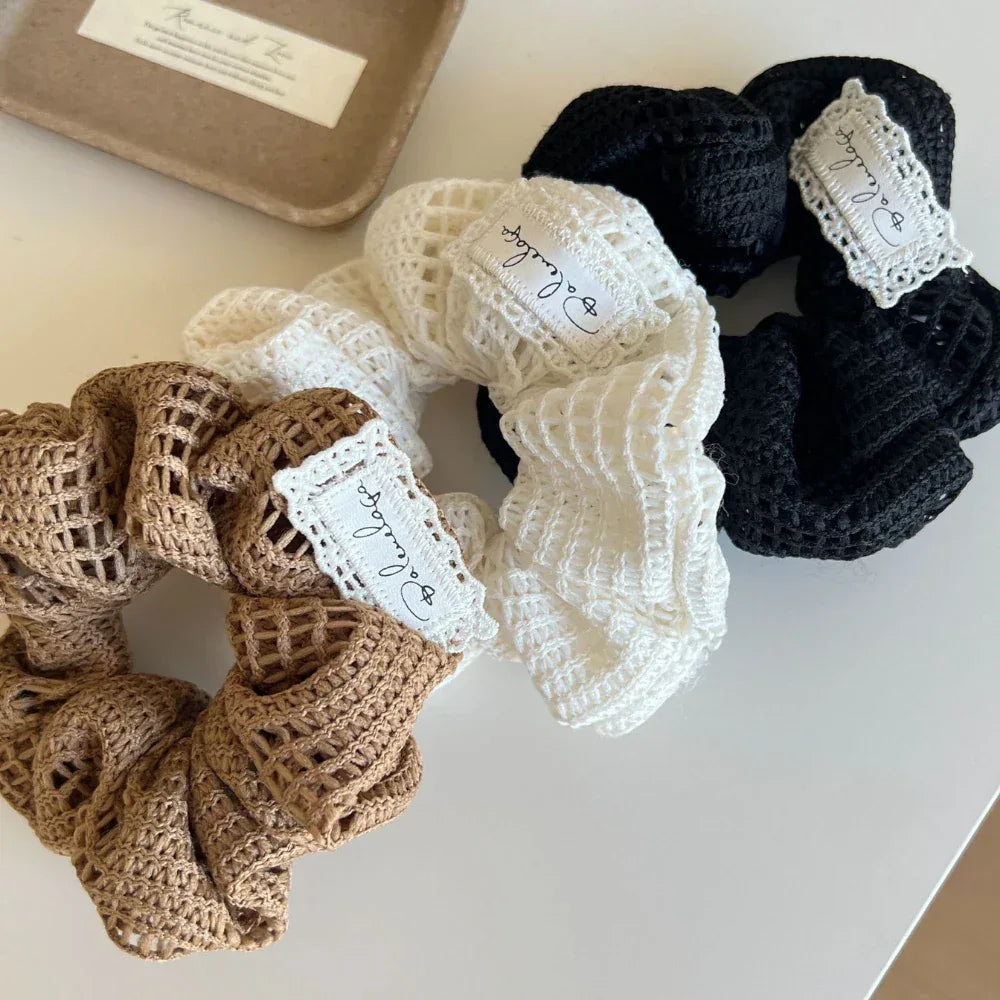Oversized crochet knit scrunchie in neutral color - View 8 | TEVQA