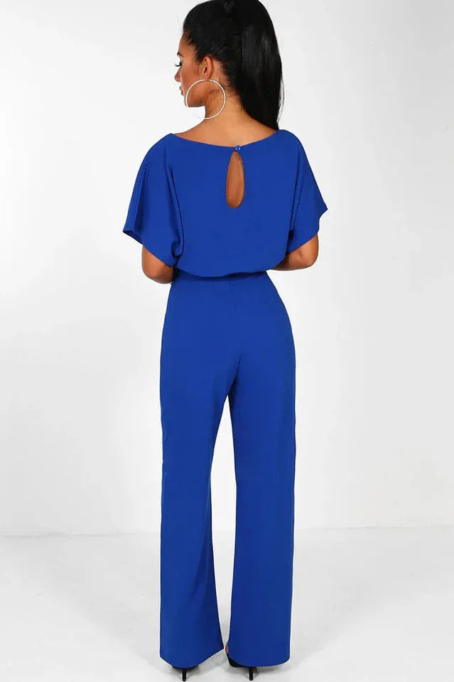 Wide leg jumpsuit with tie waist and boat neckline - View 11 | TEVQA