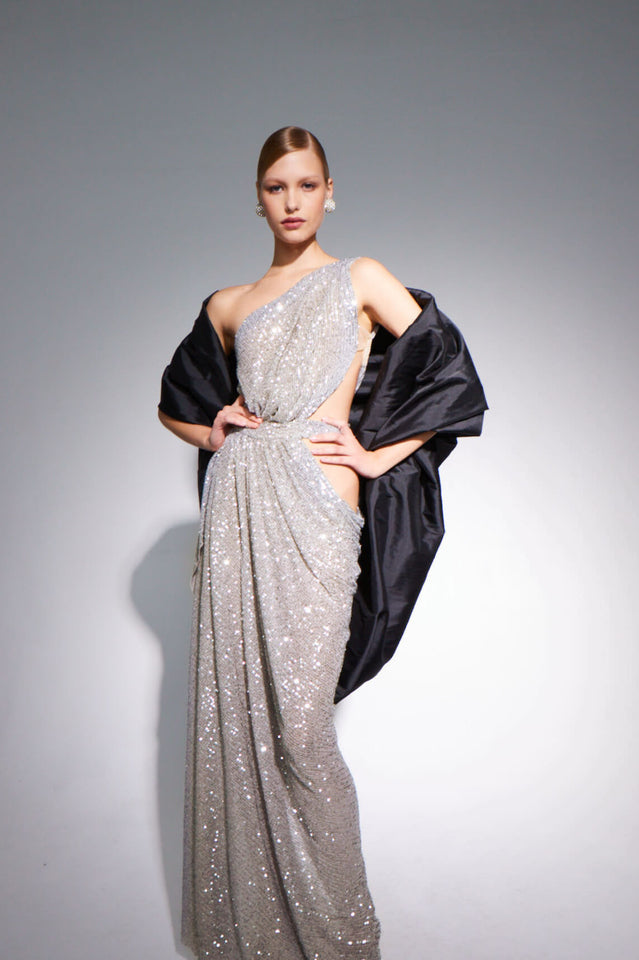One Shoulder Sequins Cut Out Split Maxi Dress | Dress In Beauty