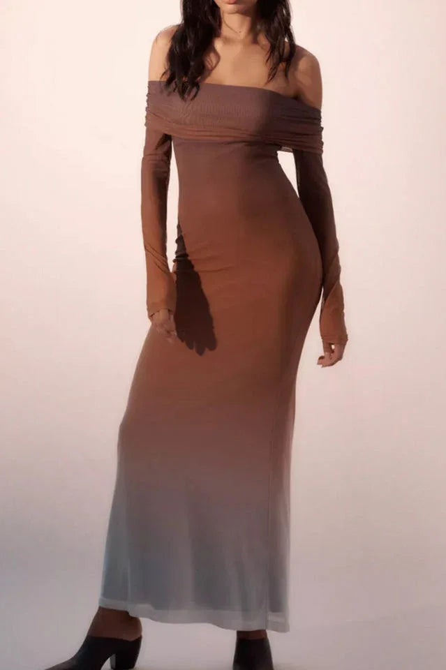 Woman wearing a long, off-the-shoulder ombre dress Main image