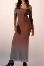 Woman wearing a long, off-the-shoulder ombre dress