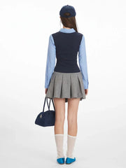 Preppy Faux Two-Piece Layered Top - TEVQA