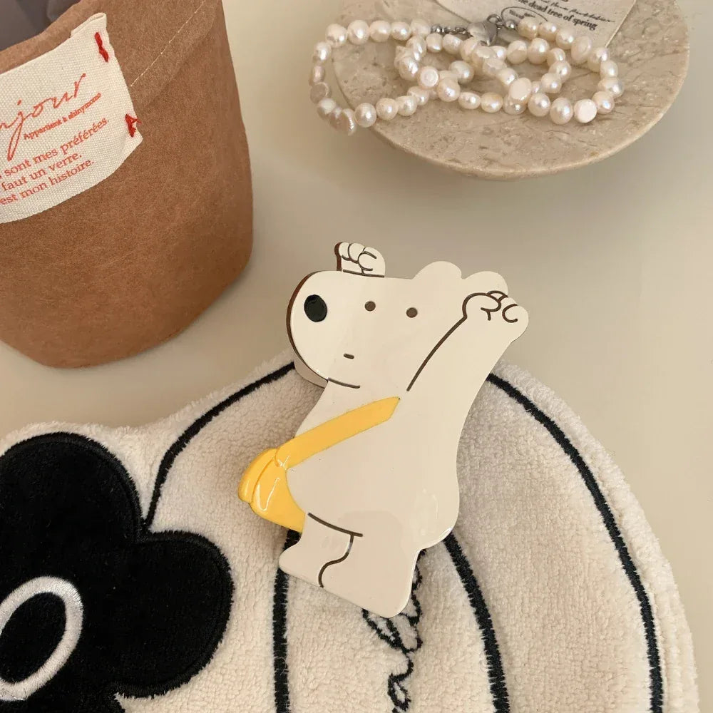 Cartoon bear hair claw clip with yellow satchel made of blue and beige acetate - View 7 | TEVQA