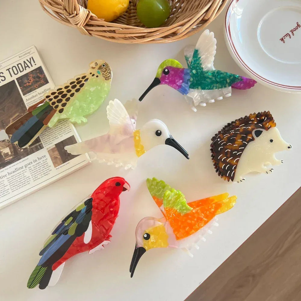 Large 5.1 Inch Acetate Animal Hair Claw Clip - Bird & Hedgehog - TEVQA
