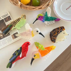 Large 5.1 Inch Acetate Animal Hair Claw Clip - Bird & Hedgehog - TEVQA