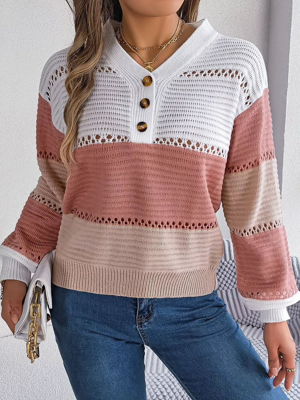 Color block knit henley sweater - View 16 | TEVQA