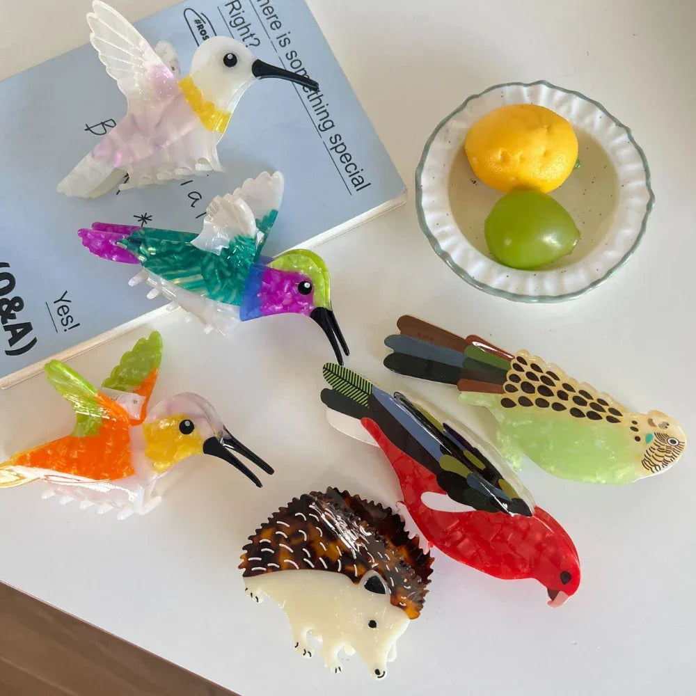 Large 5.1 Inch Acetate Animal Hair Claw Clip - Bird & Hedgehog - TEVQA