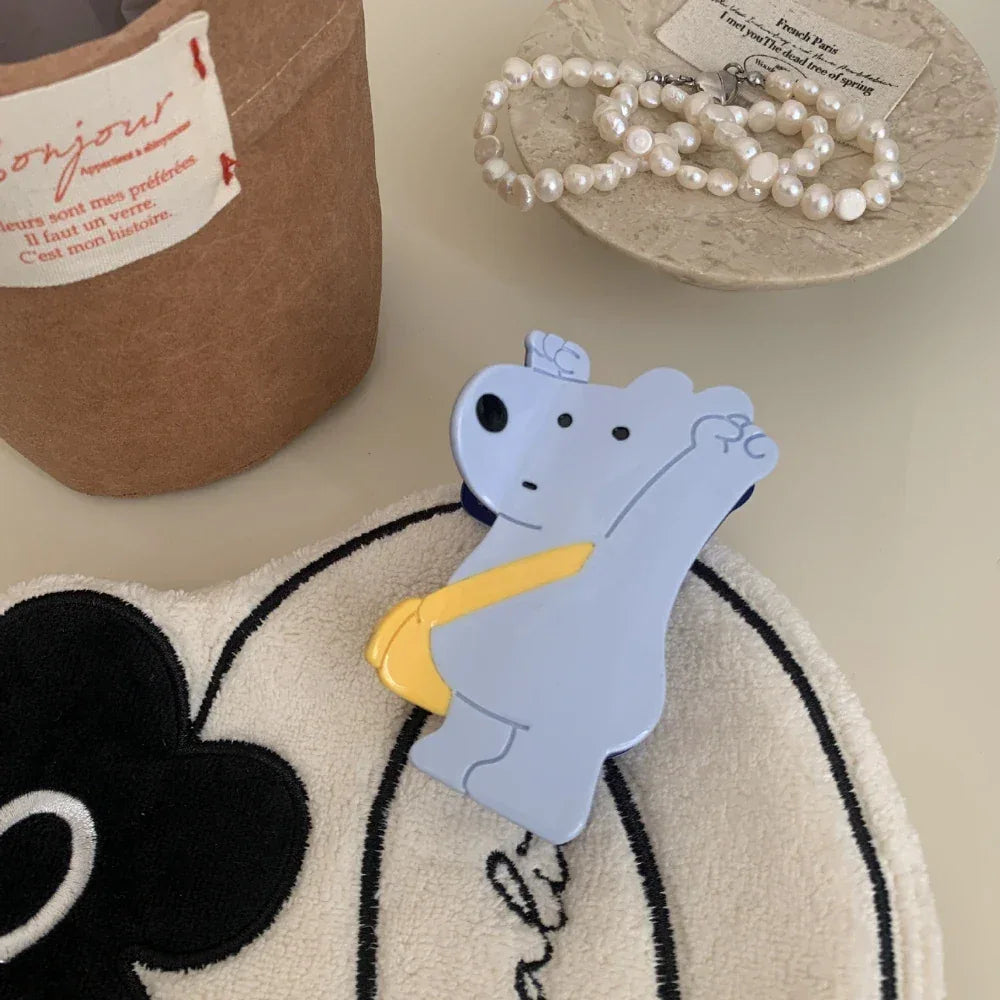 Cartoon bear hair claw clip with yellow satchel made of blue and beige acetate - View 6 | TEVQA
