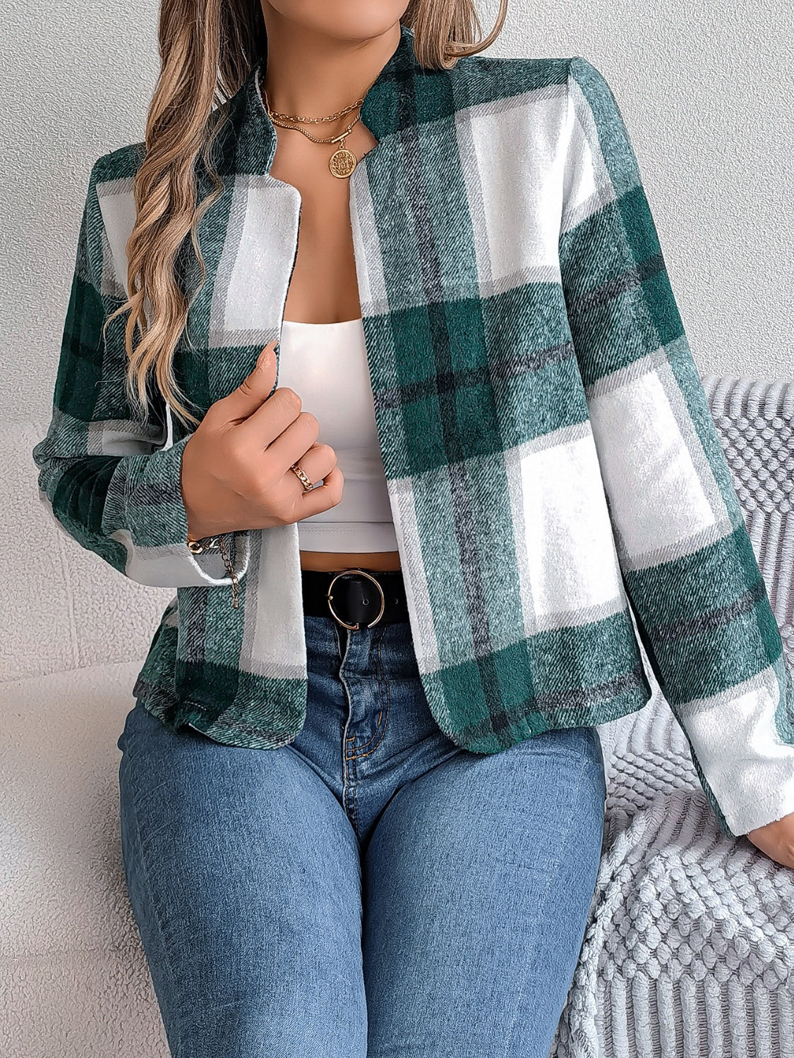Chic Navy Blue Plaid Cropped Jacket