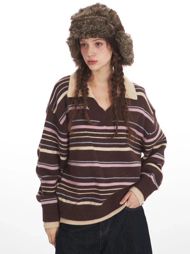 90s Retro Mocha & Berry Striped Polo Sweater - TEVQA