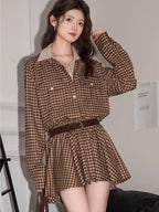 Vintage Plaid Button Down Shirt Dress with Pockets Brown