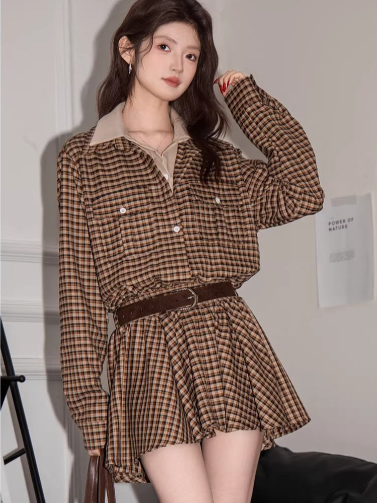 Vintage Plaid Button Down Shirt Dress with Pockets Brown