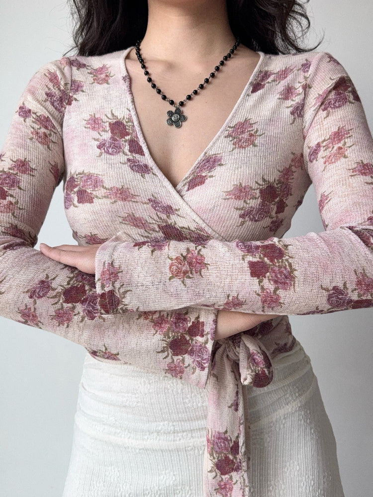 Vintage Floral Wrap Long Sleeve Top Pink