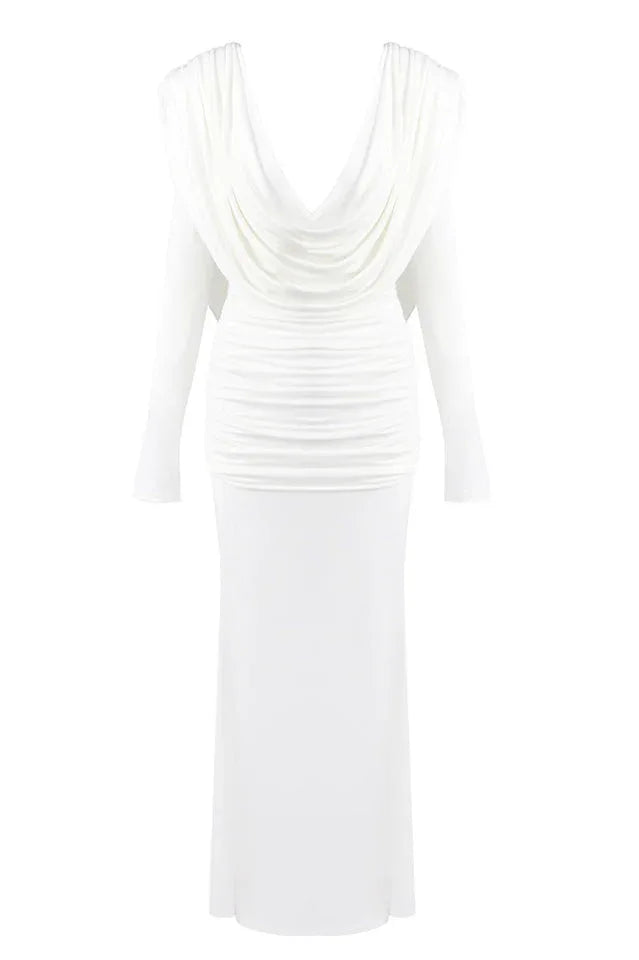 White long sleeve maxi dress with cowl neck - View 11 | TEVQA