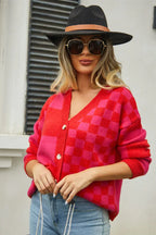 Checkerboard V-Neck Cardigan - View 8 | TEVQA