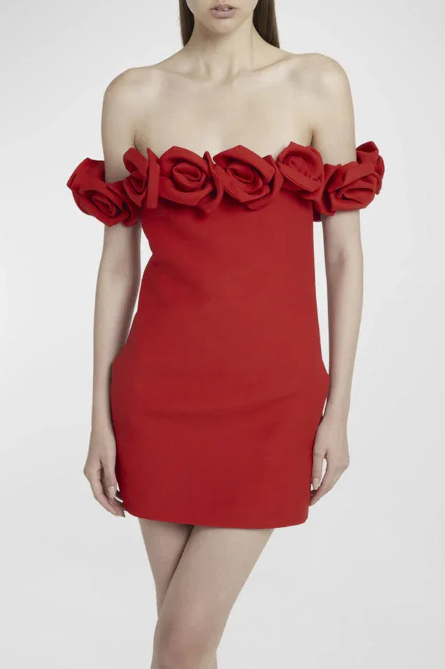 Rose Embellished Off-the-Shoulder Mini Dress - View 8 | TEVQA