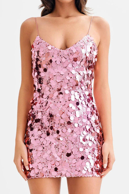 Front view of a pink sequined mini dress with spaghetti straps