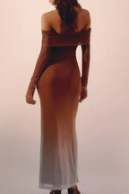 Back view of a woman in a long, off-the-shoulder ombre dress