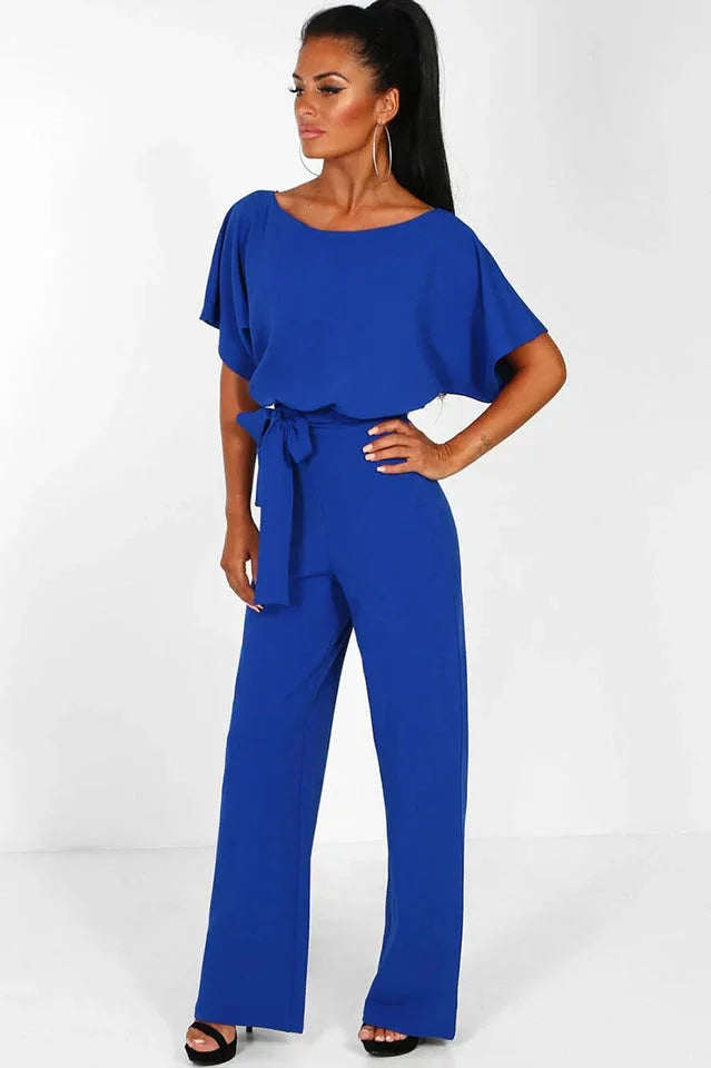Wide leg jumpsuit with tie waist and boat neckline - View 10 | TEVQA