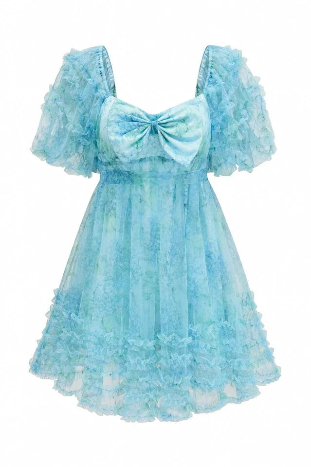 Floral print puff sleeve mini dress with sweetheart neckline and bow detail - View 7 | TEVQA