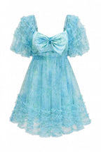 Floral print puff sleeve mini dress with sweetheart neckline and bow detail - View 7 | TEVQA