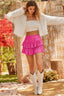Woman wearing a white fuzzy jacket, white tube top, and a bright pink sequined tiered ruffle mini skirt with white cowboy boots.