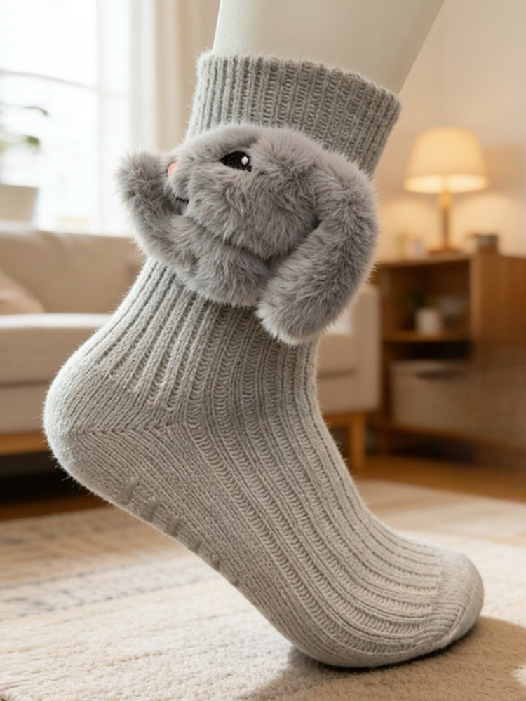 3D Fluffy Bunny Plush Grip Socks Grey