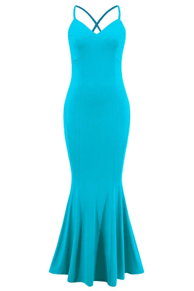 front view of a turquoise mermaid dress