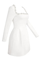 White crepe mini dress with embellished square neckline and long sleeves - View 14 | TEVQA
