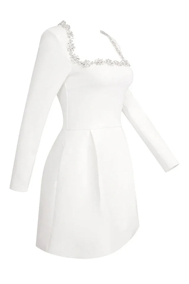 White crepe mini dress with embellished square neckline and long sleeves - View 14 | TEVQA