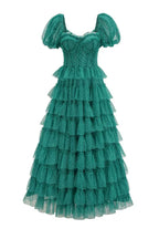 A full-length emerald green tiered tulle gown with puff sleeves and a sweetheart neckline, displayed on a mannequin.