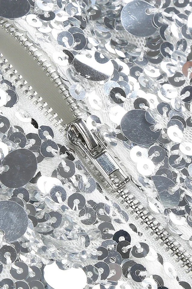 Silver sequin mini dress with high neckline and long sleeves - View 10 | TEVQA