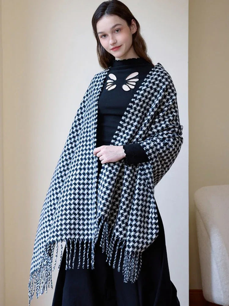 Oversized Faux Cashmere Houndstooth Scarf - TEVQA