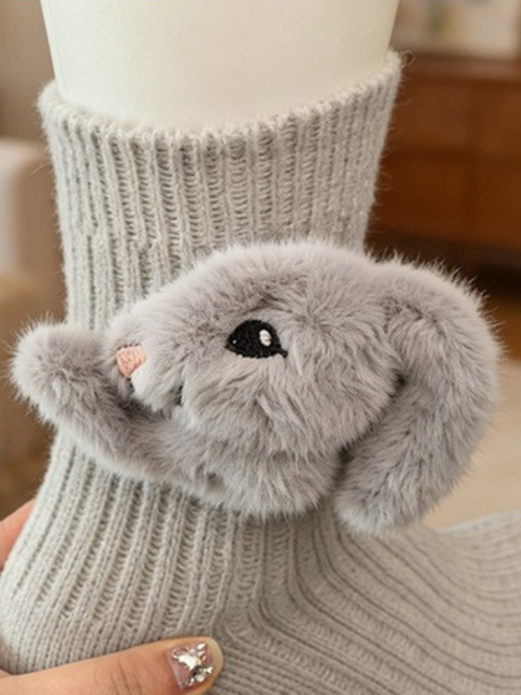 3D Fluffy Bunny Plush Grip Socks Grey Secondary image